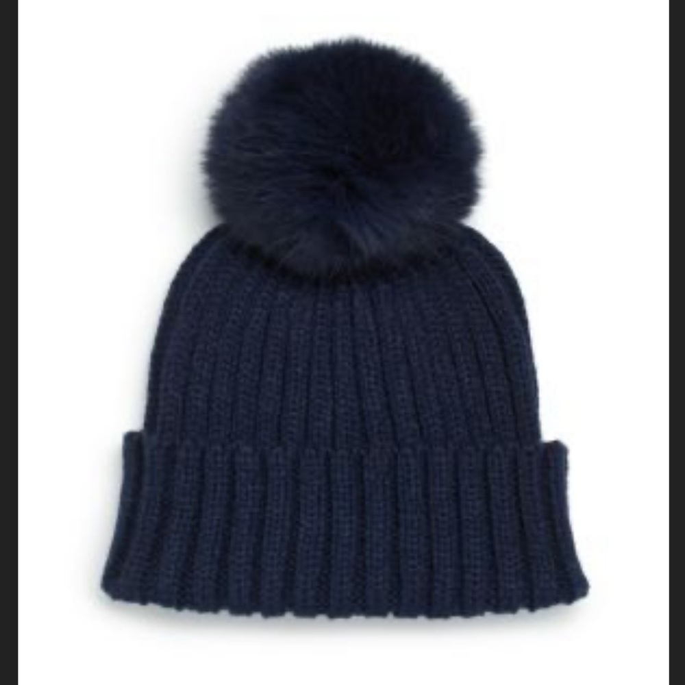 Adrienne Landau RIB-KNIT RABBIT FUR POM-POM HAT IN NAVY